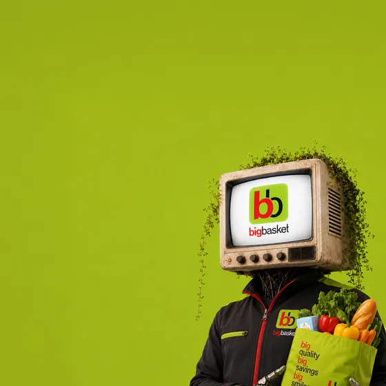 bigbasket — +42% funnel, +31% repeat. A Whilter.AI client as a CRT-headed Signal Person.