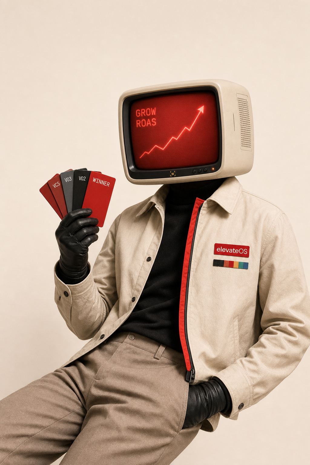 ElevateOS operator — CRT head reading GROW ROAS, fanning a hand of creative variant cards