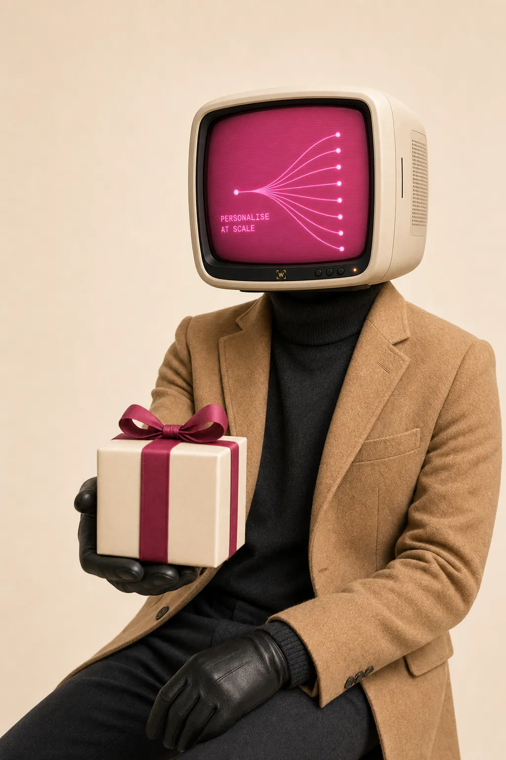 Snype retention operator — a Whilter signal person with a cream CRT head glowing magenta, its screen reading PERSONALISE AT SCALE above a one-to-many fan-out, offering a wrapped gift